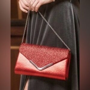 Red Glitter Evening Clutch Silver V Trim Formal Bag With Chain Strap